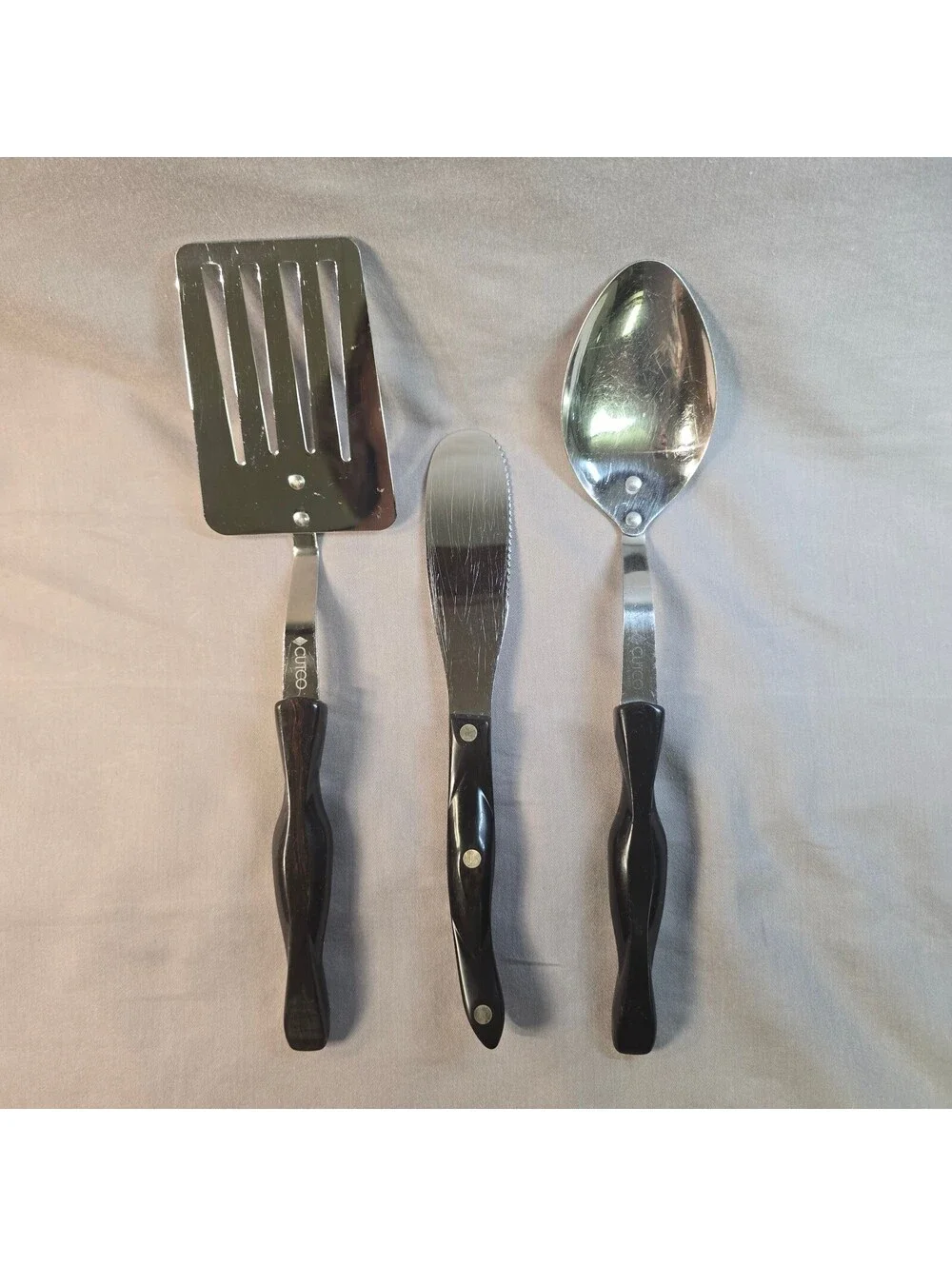 VTG CUTCO 3pc Utensil Set Brown Spatula Spreader Spoon Lot 1716 1768 1717